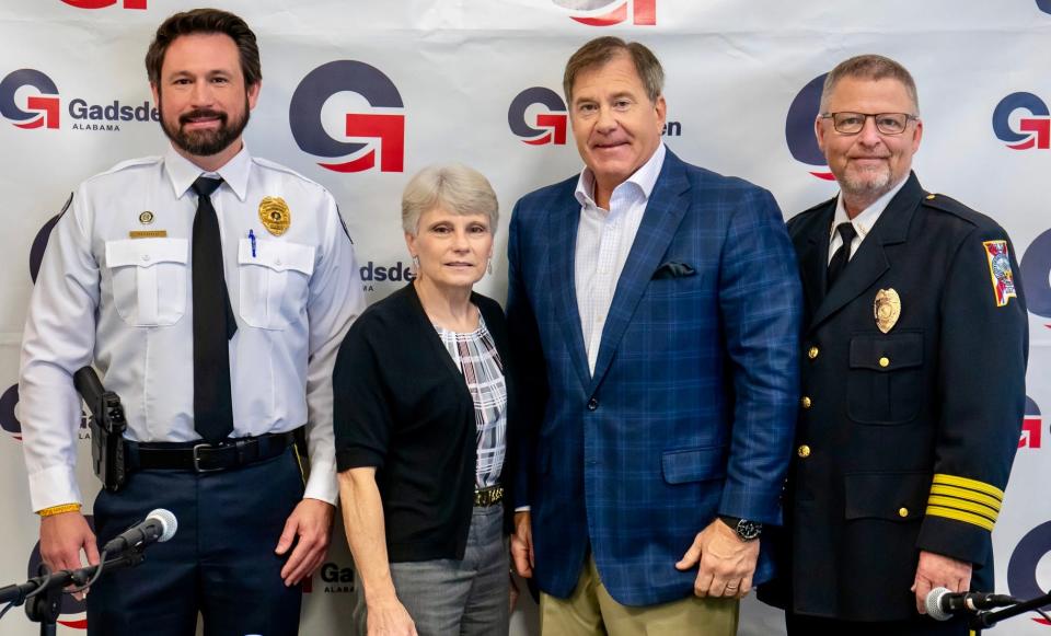 From left, Gadsden State Community College Police Chief Jay Freeman and President Kathy Murphy and Gadsden Mayor Craig Ford and Police Chief Lamar Jaggears are pictured April 11, 2024, at Gadsden’s City Hall after Ford and Murphy signed a mutual aid agreement between the two departments.