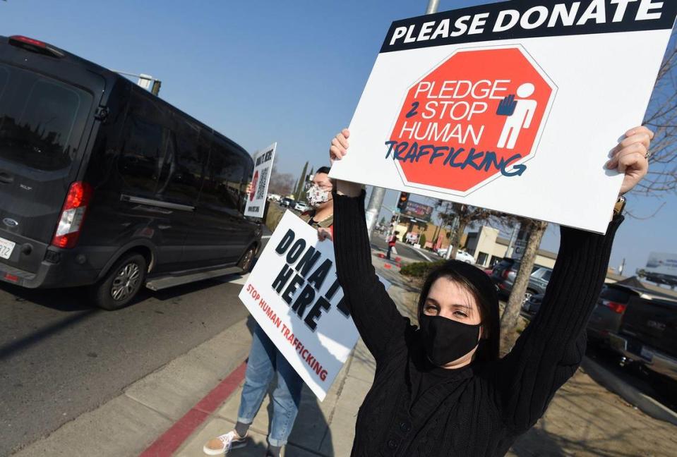 Sandy Quinn joins a rally to kick off the 5th Annual Pledge to Stop Trafficking event (PTST), Tuesday, Jan 18, 2022, at Blackstone and Shaw avenues. The PTST is a city-wide event held during National Human Trafficking Awareness Month to bring awareness to human trafficking and to raise funds for the organizations working to combat it.