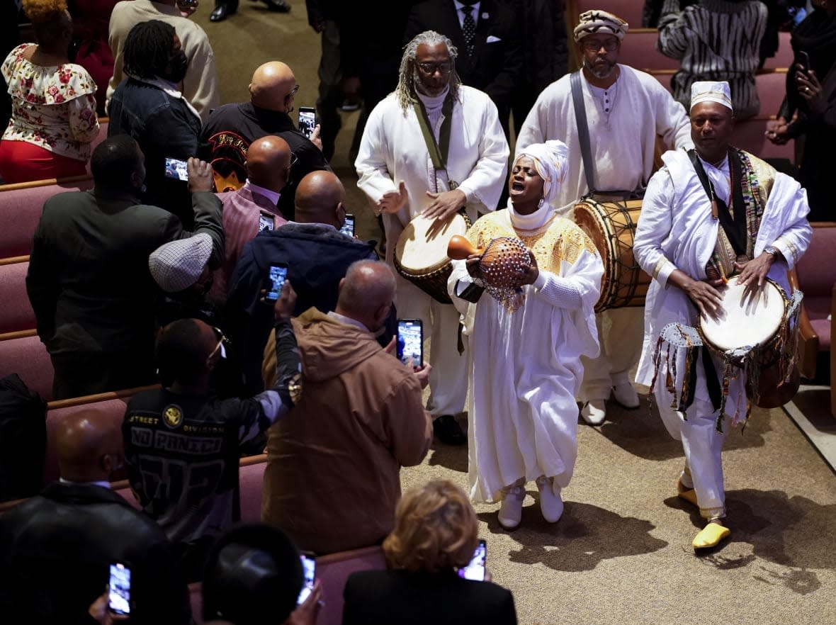 Musicians perform at the beginning of the funeral service for Tyre Nichols at Mississippi Boulevard Christian Church in Memphis, Tenn., on Wednesday, Feb. 1, 2023. (Andrew Nelles/The Tennessean via AP, Pool)