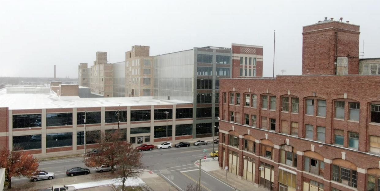 These buildings along South Lafayette Boulevard are the remaining structures that once was the Studebaker Corp. auto manufacturing and headquarters in South Bend, as seen from a drone image from WNDU-TV. The photo shows the six-story Building 84, center, Building 113, at left, and Studebaker's administration building, lower right.