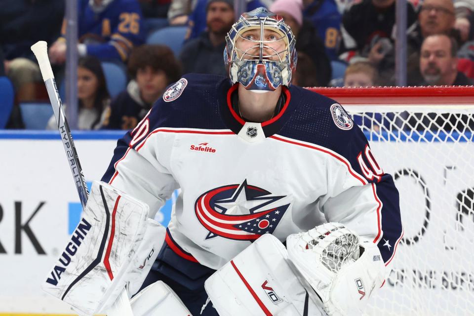 Columbus Blue Jackets goaltender Daniil Tarsov (40) watches the puck go out of play during the first period of an NHL hockey game against the Buffalo Sabres Saturday, Dec. 30, 2023, in Buffalo, N.Y. (AP Photo/Jeffrey T. Barnes)
(Credit: Jeffrey T. Barnes, AP)