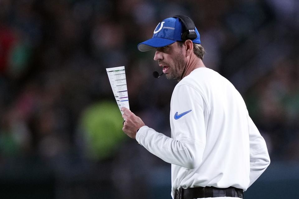 Indianapolis Colts head coach Shane Steichen directs his team during the first half of an NFL preseason football game against the Philadelphia Eagles on Thursday, Aug. 24, 2023, in Philadelphia. (AP Photo/Matt Rourke)