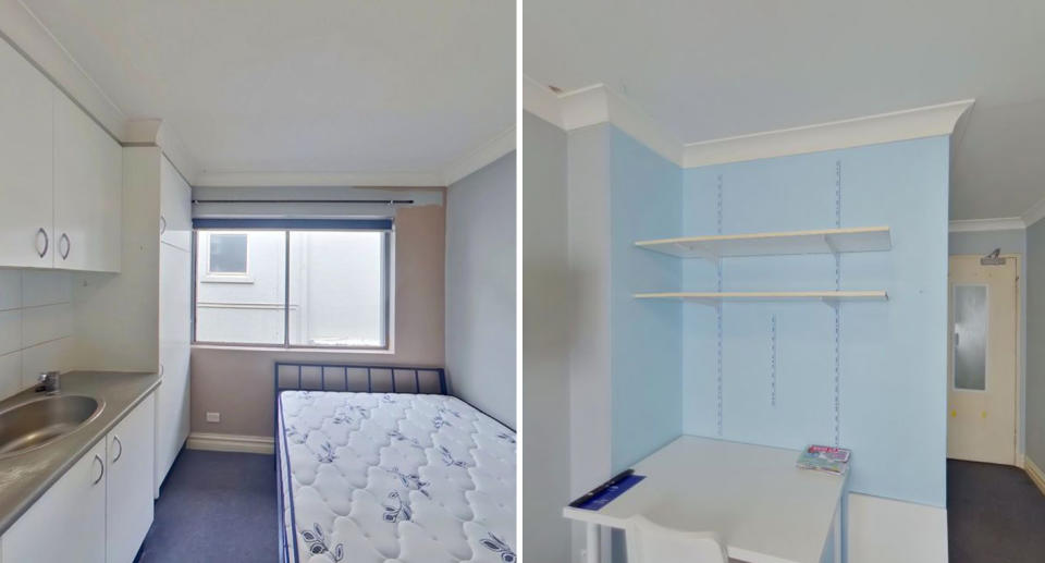 Left, The Sydney rental has a bed inside with a small gap before the kitchenette. Right, a desk can be seen at the foot of the bed with a chair. 