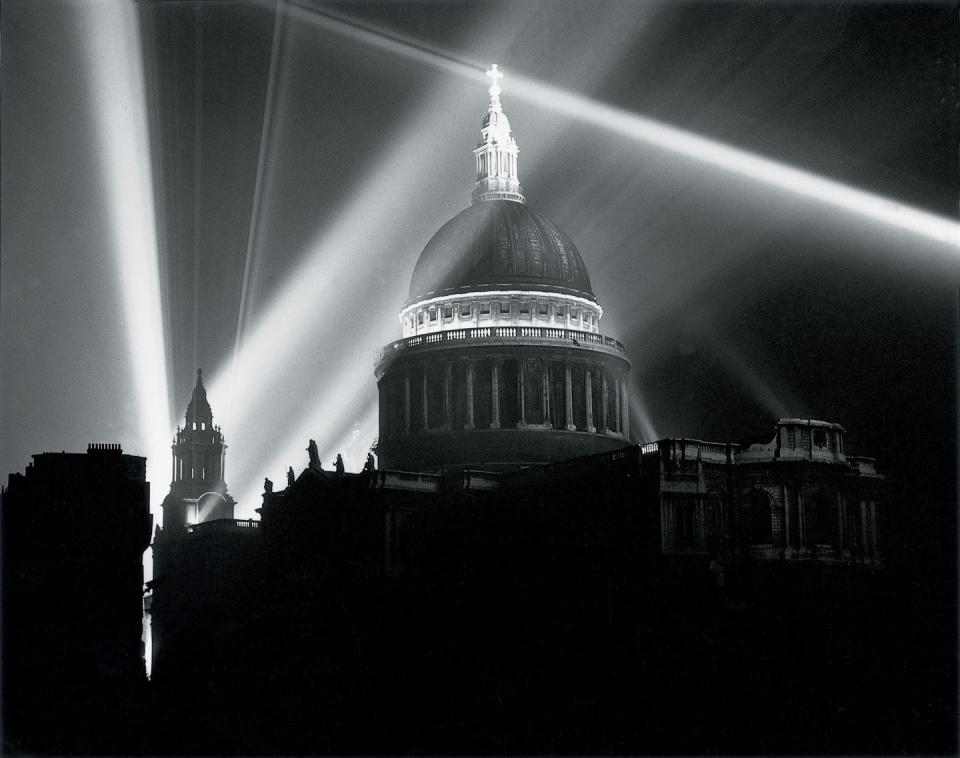 <p>St Paul's Cathedral illuminated on the night of V-E Day.</p>