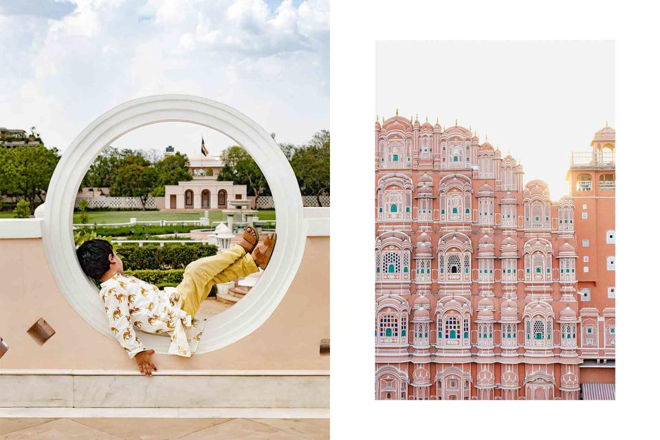 <p>Aparna Jayakumar</p> From left: Surveying the grounds of Rajmahal Palace RAAS Jaipur, a hotel in the former home of a maharajah; the eastern façade of the Hawa Mahal, or Palace of Winds, in Jaipur.