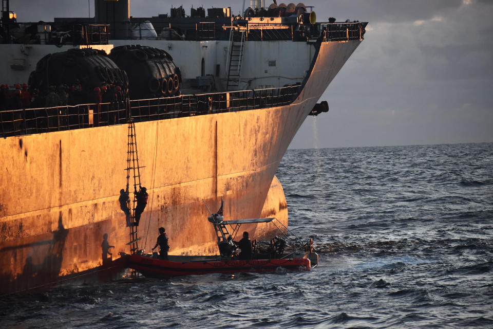 A boarding team from the Coast Guard Cutter Terrell Horne board a 490-foot transshipment vessel during Operation Southern Shield 2023, October 2023.  (U.S. Coast Guard District 11)