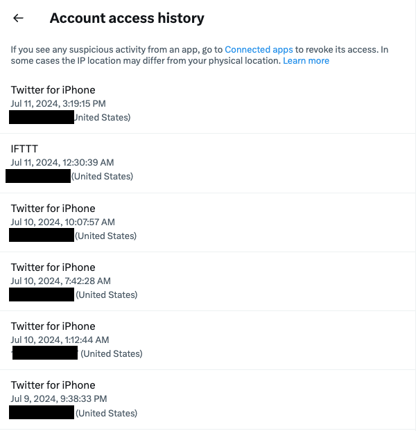 a screenshot showing all the account access history on an X account from the web interface