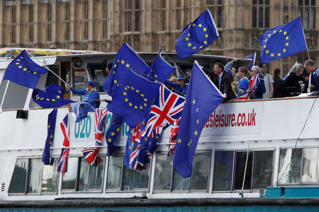 FILE PHOTO: Anti-Brexit, pro-European Union Remain supporters wave flags as they travel up and down the River Thames, outside the Houses of Parliament, in London, Britain August 19, 2017. REUTERS/Luke MacGregor/File Photo