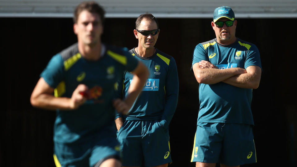 Australian coach Justin Langer looks on in the nets. (Photo by Cameron Spencer/Getty Images)