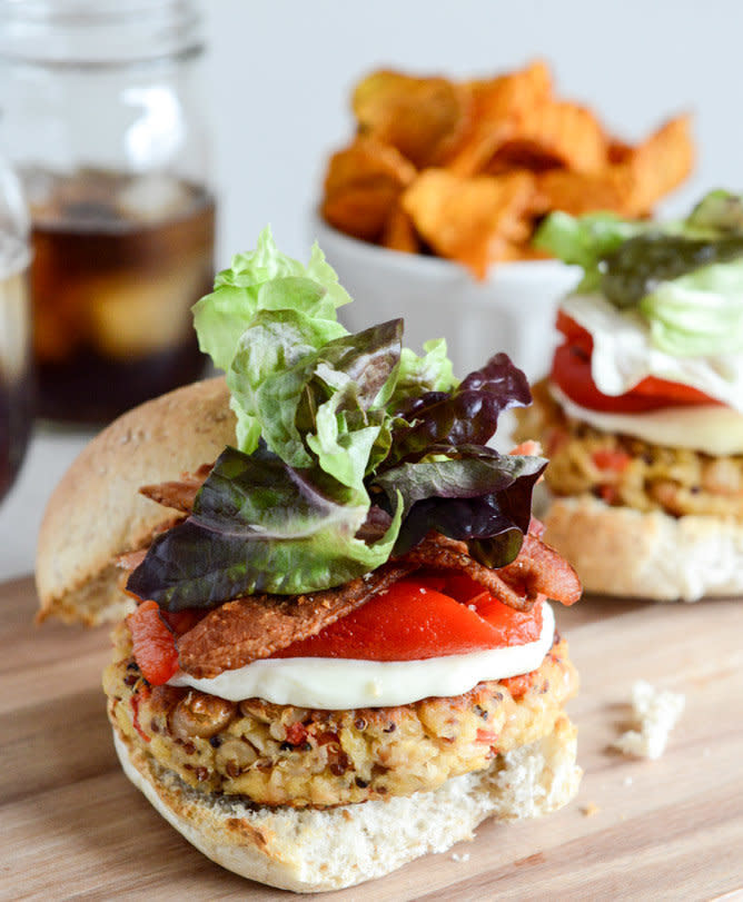 <strong>Get the <a href="http://www.howsweeteats.com/2013/03/roasted-red-pepper-quinoa-white-bean-burgers/" target="_blank">Roasted Red Pepper Quinoa Burgers recipe </a>from How Sweet It Is </strong>  Of course, leave off the bacon if you're a vegetarian.