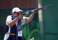<p>Diana Bacosi of Italy competes during the Women’s Skeet shooting final during day eight of the Baku 2015 European Games at the Baku Shooting Centre on June 20, 2015 in Baku, Azerbaijan. (Getty) </p>