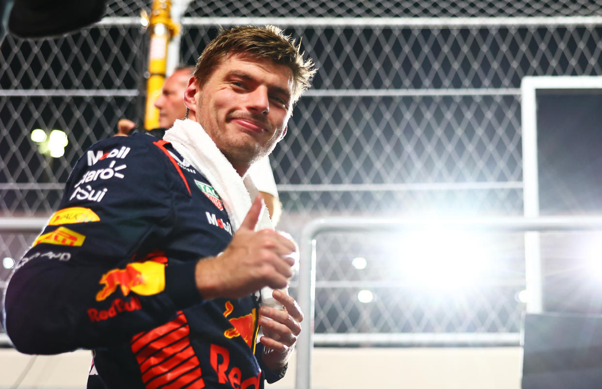 LUSAIL CITY, QATAR - OCTOBER 06: Pole position qualifier Max Verstappen of the Netherlands and Oracle Red Bull Racing celebrates in parc ferme during qualifying ahead of the F1 Grand Prix of Qatar at Lusail International Circuit on October 06, 2023 in Lusail City, Qatar. (Photo by Mark Thompson/Getty Images)
