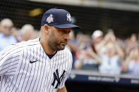 Former New York Yankees' Derek Jeter is announced during Yankees Old-Timers' Day ceremony before a baseball game against the Milwaukee Brewers on Saturday, Sept. 9, 2023, in New York. (AP Photo/Adam Hunger)