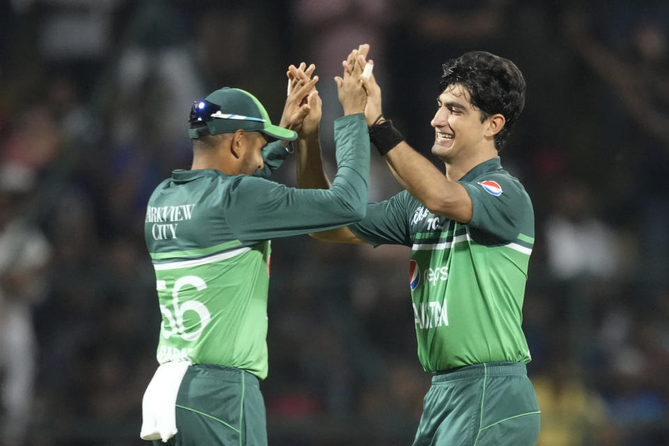 Pakistan's Naseem Shah celebrates taking the wicket of India's Shardul Thakur during the Asia Cup cricket match between India and Pakistan in Pallekele, Sri Lanka on Saturday, Sep. 2. (AP Photo/Eranga Jayawardena)