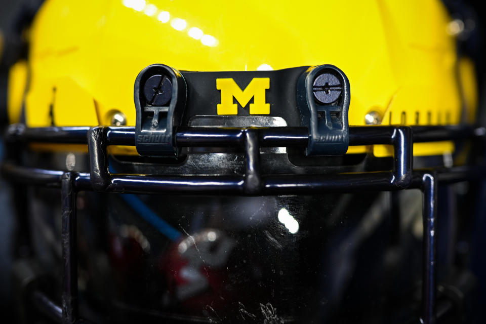 INDIANAPOLIS, IN - JULY 27: A Michigan Wolverines football helmet  during the Big Ten Conference Media Days on July 27, 2023 at Lucas Oil Stadium in Indianapolis, IN (Photo by James Black/Icon Sportswire via Getty Images)