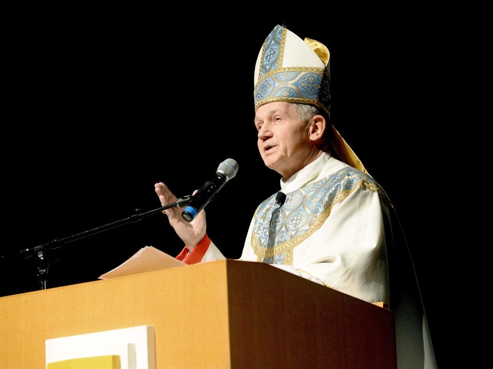 Springfield Bishop Thomas John Paprocki speaks during the march for life mass at the University of Illinois Springfield on Tuesday, March 21, 2023.