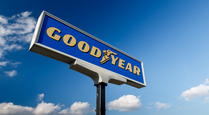 Sign for Goodyear (GT) tire shop. The Goodyear Tire & Rubber Company is an American tire manufacturing company.