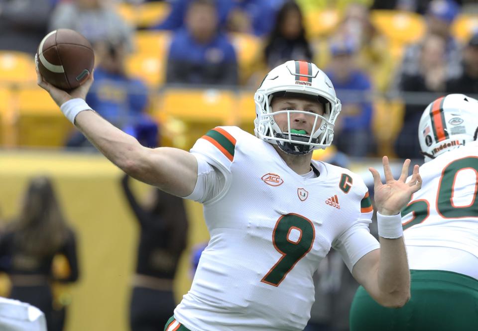 Miami quarterback Tyler Van Dyke passes against Pittsburgh during last season's game at Heinz Field.