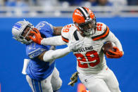 <p>Cleveland Browns running back Duke Johnson, Jr. (29) tries to elude Detroit Lions safety Glover Quin (27) during game action between the Cleveland Browns and the Detroit Lions on November 12, 2017 at Ford Field in Detroit, Michigan. The Detroit defeated Cleveland 38-24. (Photo by Scott W. Grau/Icon Sportswire via Getty Images) </p>