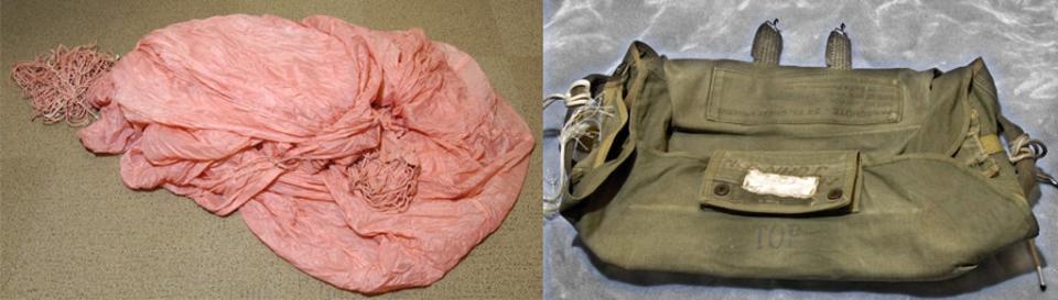 The FBI released this photo of one of the parachutes left behind by DB Cooper and the canvas bag it was kept in (FBI)