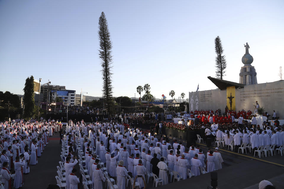 Roman Catholic clergy attend the ceremony to beatify two priests and two lay people, all victims of right-wing death squads during El Salvador’s civil war, in San Salvador, El Salvador, Saturday, Jan. 22, 2022. (AP Photo/Salvador Melendez)