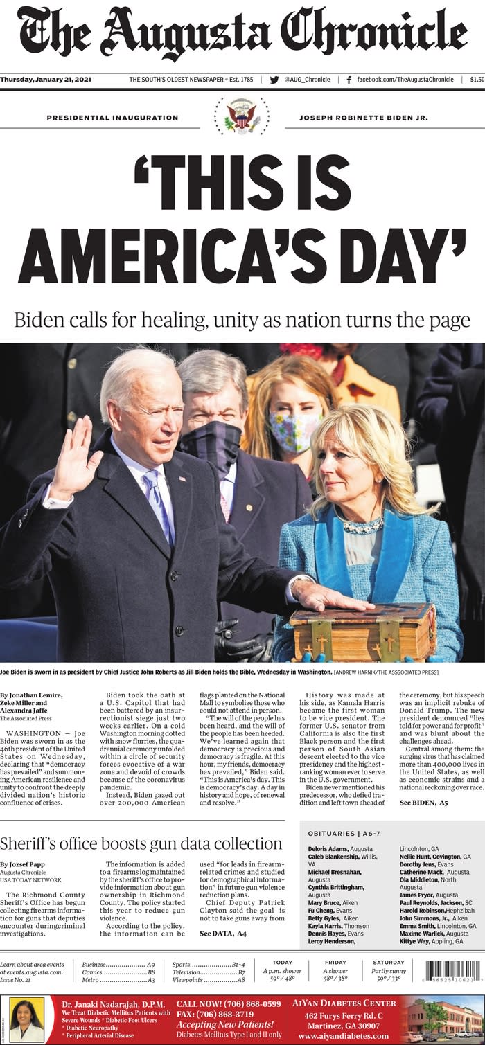 January 21, 2021 front page of The Augusta Chronicle