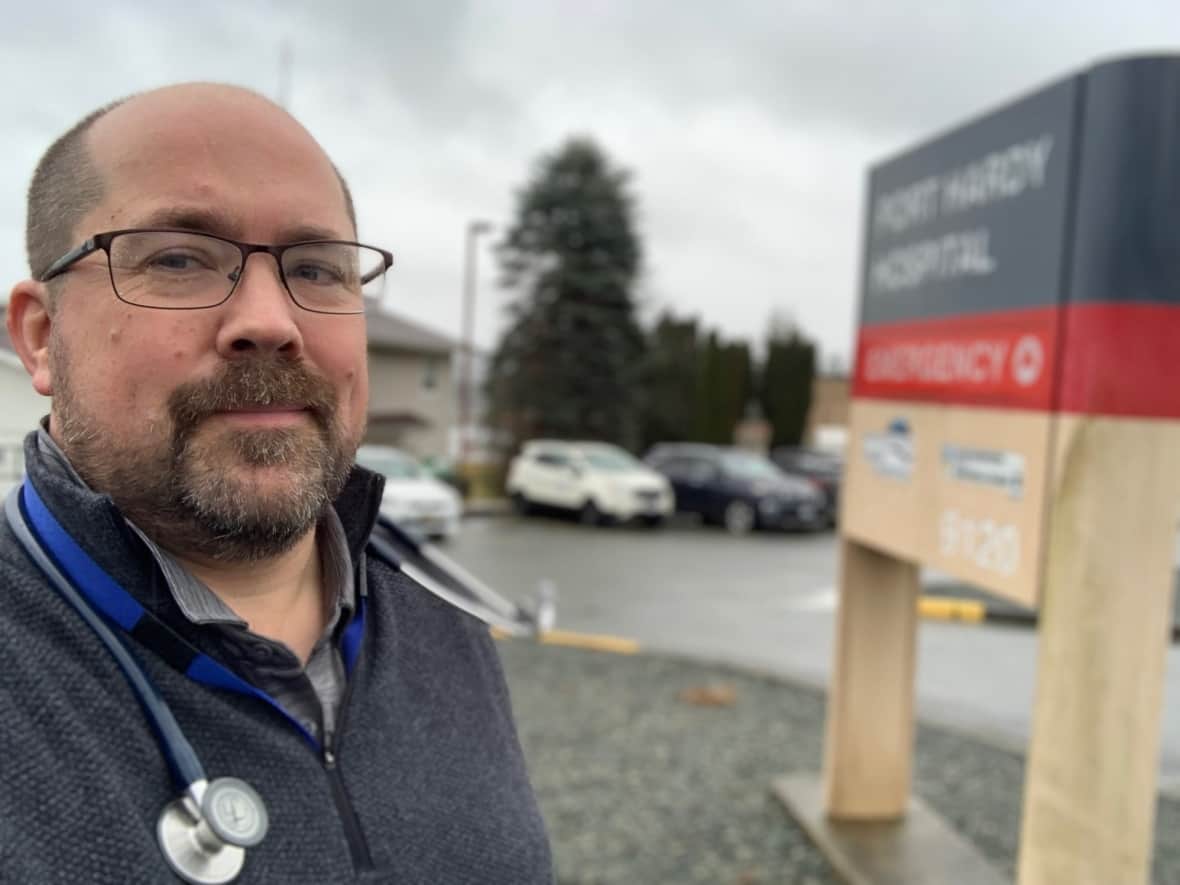 Dr. Joshua Greggain visited the Port Hardy Hospital over the long weekend to help out and see how the emergency department is managing amid ongoing overnight closures and staffing shortages. (Submitted by Doctors of B.C. - image credit)