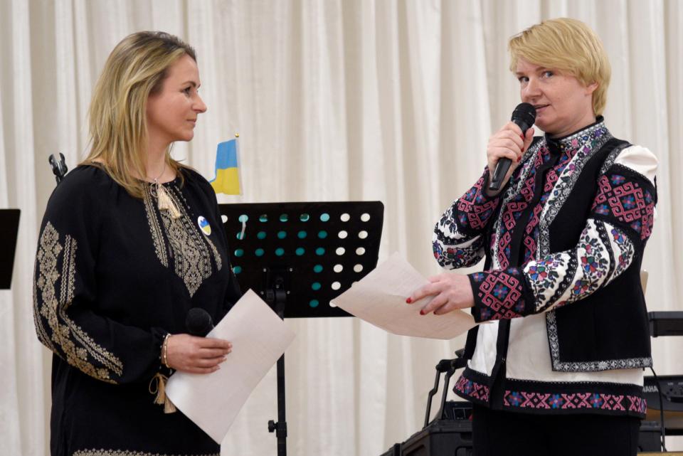 Natalia Douglas, left, and Maryna Vlasiuk raise funds for mobile hospitals during a Ukrainian fundraiser on Sunday, February 25, 2024 at St. Stephen Ukrainian Catholic Church in Toms River, New Jersey.