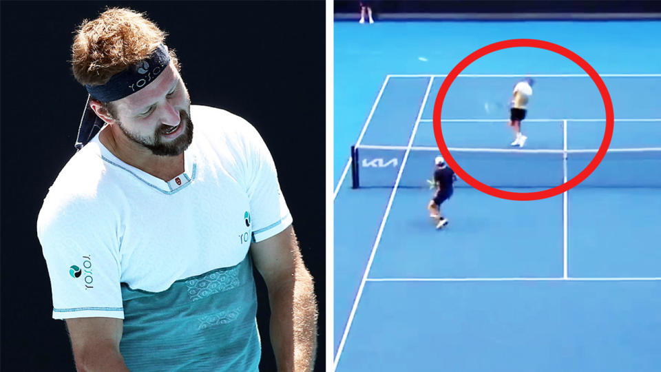 Tennys Sandgren (pictured left) disappointed during his Australian open match and (pictured right) being hit with the ball.