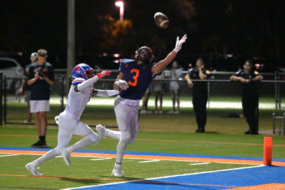 Benjamin's Amaree Williams extends for a one-handed touchdown catch in the back corner of the end zone during the Bucs' regular season finale against King's Academy on Nov. 3, 2023.