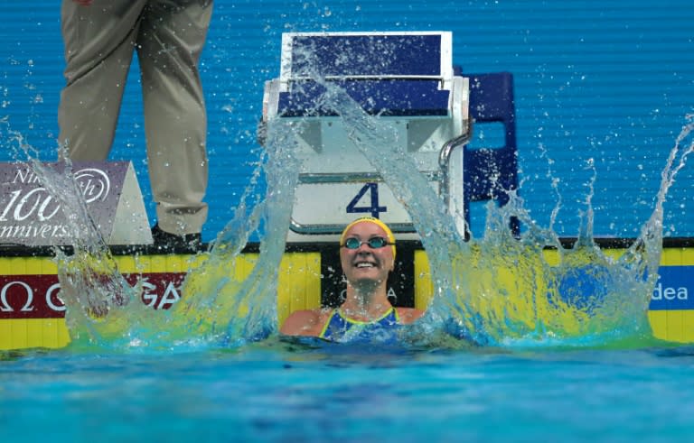 Sweden's Sarah Sjostrom reacts after winning the women's 100m butterfly final in Budapest, on July 24, 2017