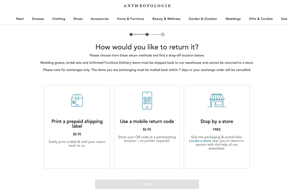 Anthropologie is another retailer that charged some return fees.  (anthropology website)
