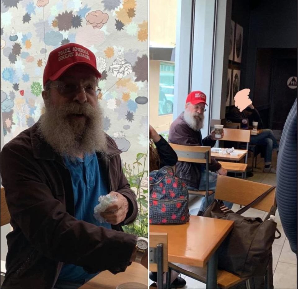 A woman named Rebecca Parker Mankey admitted to harassing an elder man wearing a MAGA hat in Starbucks. (Screenshot: Parker Mankey/Facebook; Right Hook USA/Twitter)