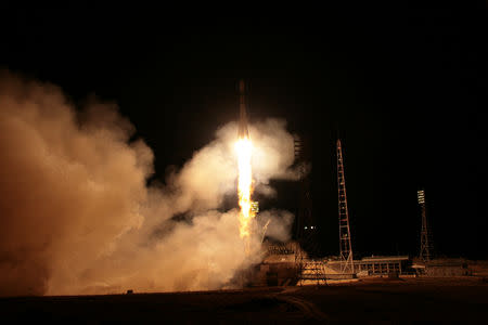 The Soyuz booster carrying the Progress MS-10 cargo craft blasts off to the International Space Station (ISS) from the launchpad at the Baikonur Cosmodrome, Kazakhstan November 17, 2018. Russian State Space Corporation ROSCOSMOS/Handout via REUTERS ATTENTION EDITORS - THIS IMAGE WAS PROVIDED BY A THIRD PARTY. EDITORIAL USE ONLY. NO RESALES. NO ARCHIVE.