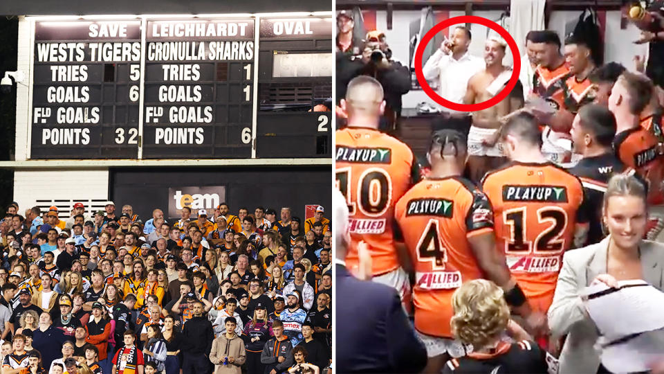 Benji Marshall and Wests Tigers players after they beat Cronulla at Leichhardt Oval.