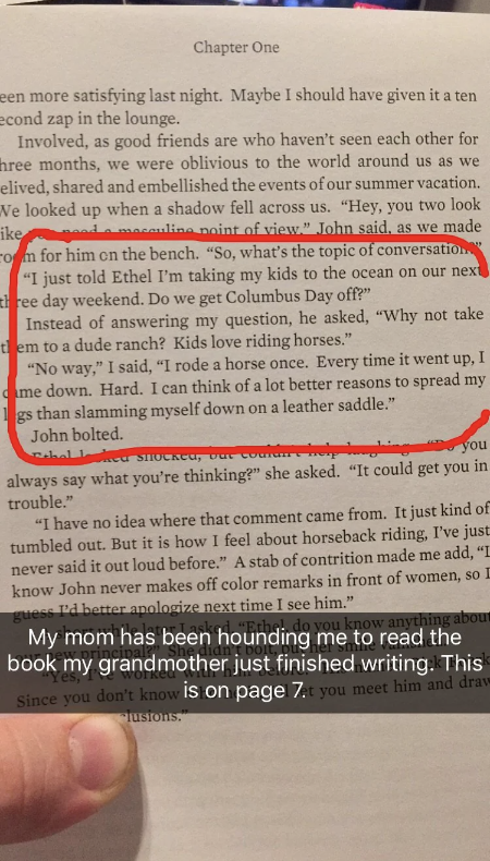 Page from a book with circled text. Title: Chapter One. Circled text is a dialogue between characters discussing riding horses and kids loving them