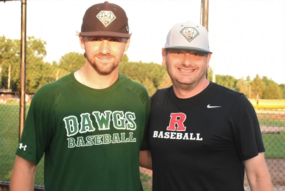 Colorado Rockies draft selection Troy Butler (left) poses with Mohawk Valley DiamondDawgs owner Travis Heiser at the DiamondDawgs' Friday PGCBL game at Veterans Memorial Park. Butler was drafted in the 20th round Tuesday and departed Saturday for Arizona where he was scheduled to sign his contract at the Rockies' spring training site.