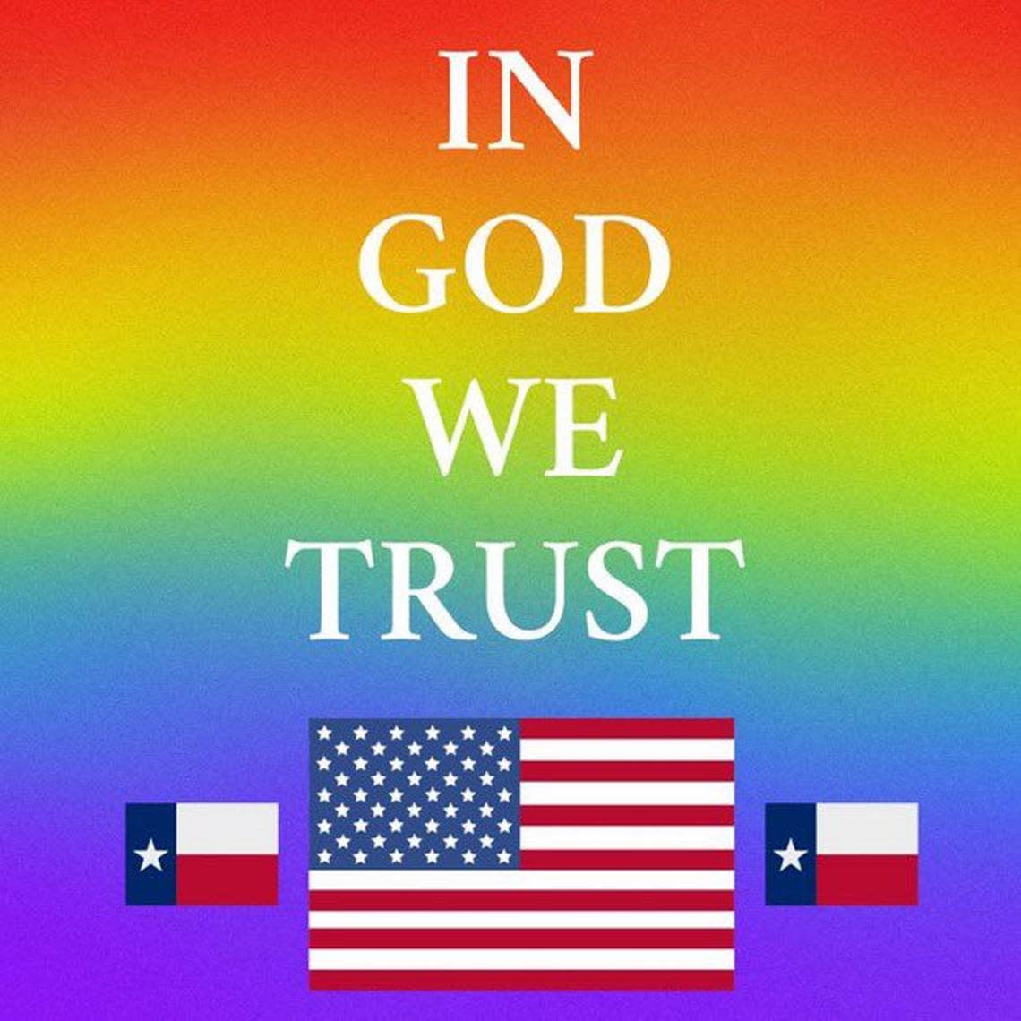 This “In God We Trust” poster with the rainbow pride flag in the background was rejected as a donation by the Carroll school district board Monday night.