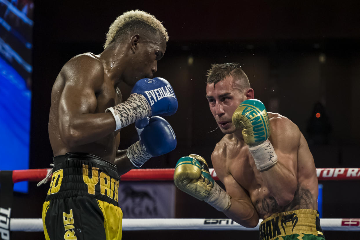 OXON HILL, MD - JULY 19: Subriel Matias and Maxim Dadashev in action during the ninth round of their junior welterweight IBF World Title Elimination fight at The Theater at MGM National Harbor on July 19, 2019 in Oxon Hill, Maryland. (Photo by Scott Taetsch/Getty Images)