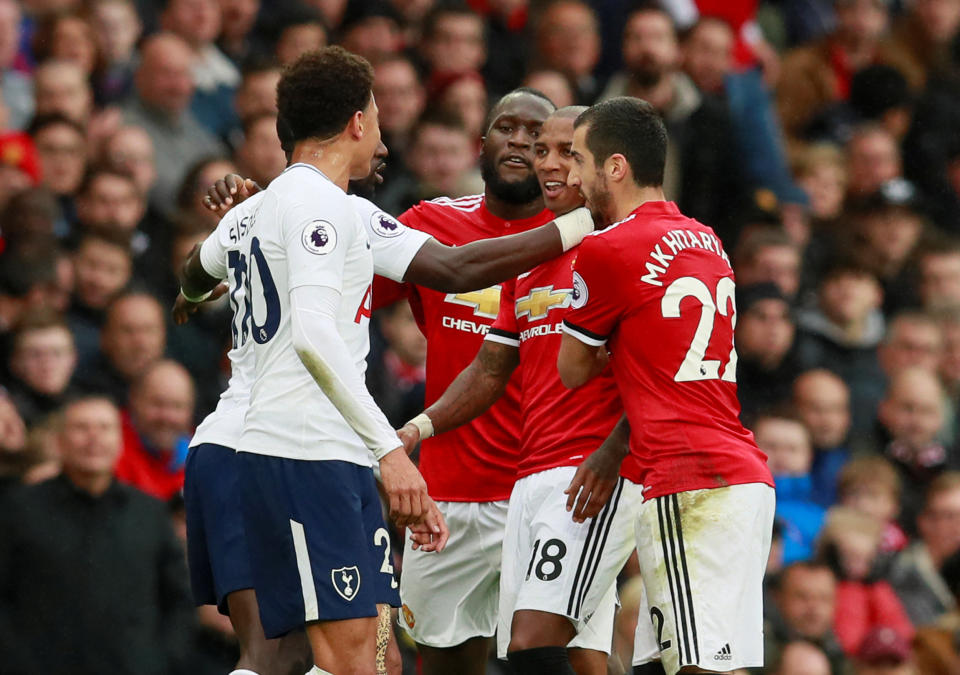 <p>Manchester United’s Ashley Young, Romelu Lukaku and Henrikh Mkhitaryan clash with Tottenham’s Dele Alli</p>