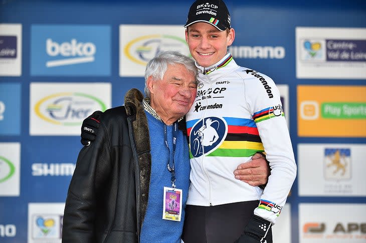 <span class="article__caption">Mathieu Van der Poel, shown here with grandfather Raymond Poulidor, at the 2016 cyclocross world championships.</span> (Photo: Tim de Waele/Corbis via Getty Images)