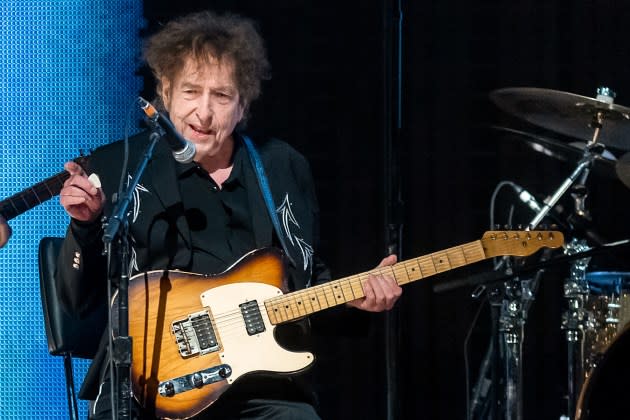 Bob Dylan is currently on the Outlaw Music Festival, where he's selling an odd shirt highlighting his 2012 album, 'Tempest.' - Credit: Gary Miller/Getty Images