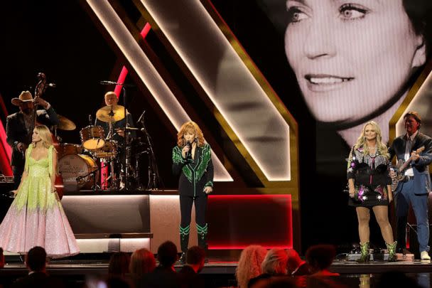 PHOTO: Carrie Underwood, Reba McEntire and Miranda Lambert perform onstage at The 56th Annual CMA Awards at Bridgestone Arena on Nov. 9, 2022, in Nashville, Tenn. (Michael Loccisano/Getty Images)