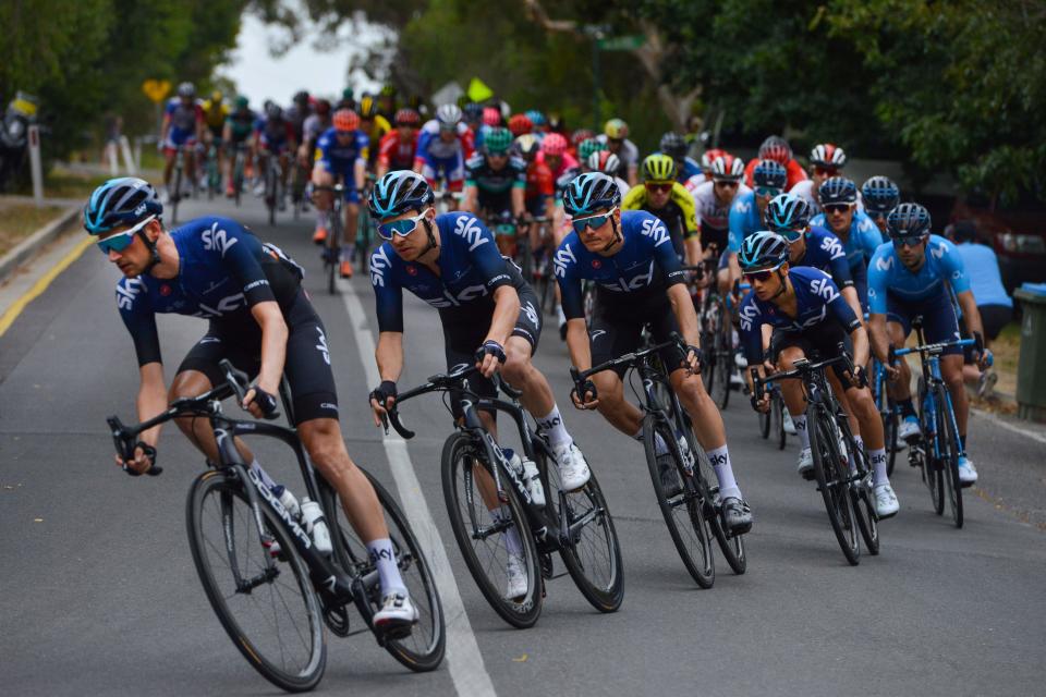 Team Sky ride with the peloton through Mylor during stage four of the Tour Down Under cycling race in Adelaide on January 18, 2019. Photo: BRENTON EDWARDS/AFP/Getty Images