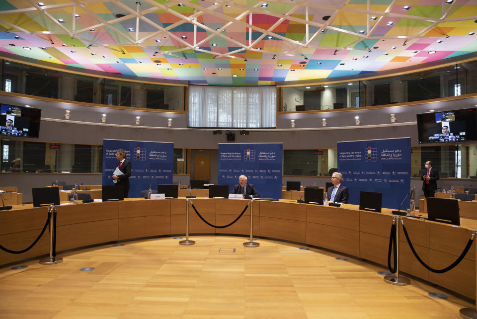 European Union foreign policy chief Josep Borrell addresses a meeting, Supporting the future of Syria and the Region, in videoconference format at the European Council building in Brussels, Tuesday, June 30, 2020. (AP Photo/Virginia Mayo, Pool)