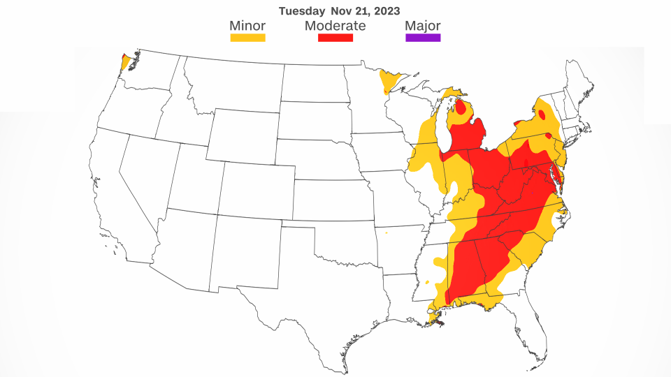 The forecast for travel impacts due to weather on Tuesday, November 21, 2023. - CNN Weather