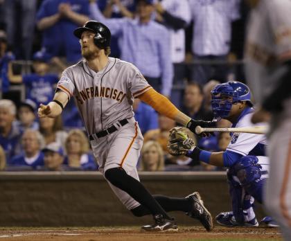 Hunter Pence watches his two-run home run during the first inning. (AP_