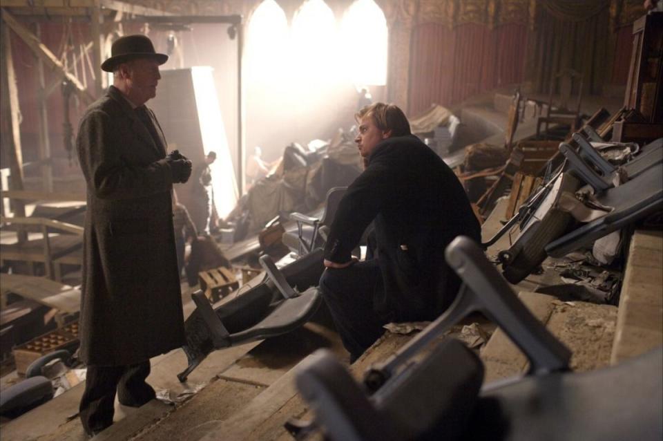 Michael Caine and Christopher Nolan on the set of 'The Prestige', 2006