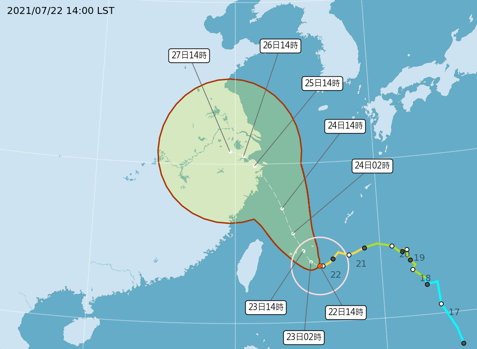 氣象局預估24日颱風會加速通過台灣。（翻攝自氣象局）