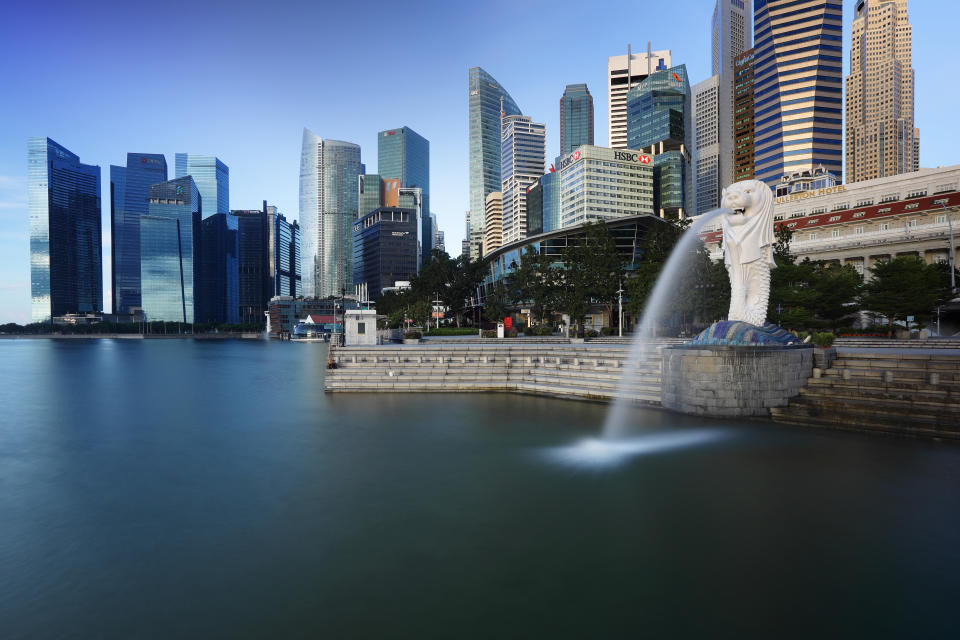 SINGAPORE - JUNE 24:  A general view of the Merlion and the Central Business District on June 24, 2019 in Singapore.  (Photo by Suhaimi Abdullah/Getty Images)